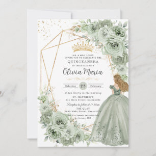 Sage Green Floral Blonde Princess Quinceañera Gold Invitation