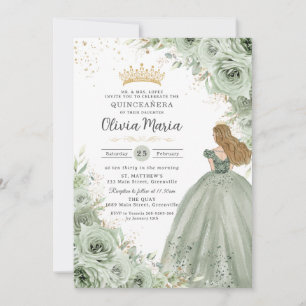 Sage Green Floral Blonde Princess Quinceañera  Invitation