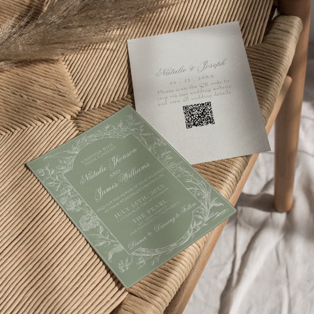  Sage Green Floral Boho Botanical QR Code Wedding Invitation (Creator Uploaded)