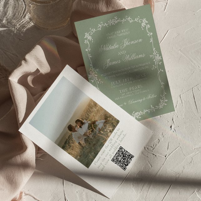 Sage Green Floral Boho Chic Photo QR Code Wedding Invitation (Creator Uploaded)