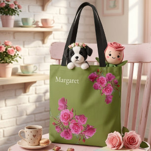Sage green floral boohoo artistic style tote bag