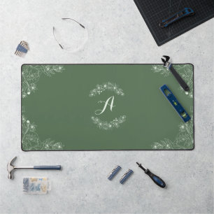 Sage Green Floral Border Custom Name Desk Mat