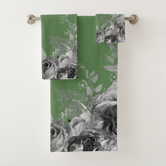 SAGE GREEN FLORAL BOTANICAL 2 BATHROOM TOWEL SET (Insitu)