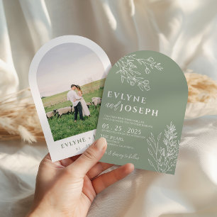 Sage Green Floral Botanical Arched Modern Wedding Invitation