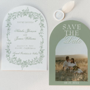 Sage Green Floral Botanical Arched Photo Wedding Save The Date