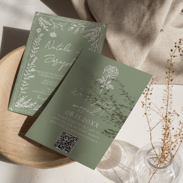 Sage Green Floral Botanical Boho QR Code Wedding Invitation (Creator Uploaded)
