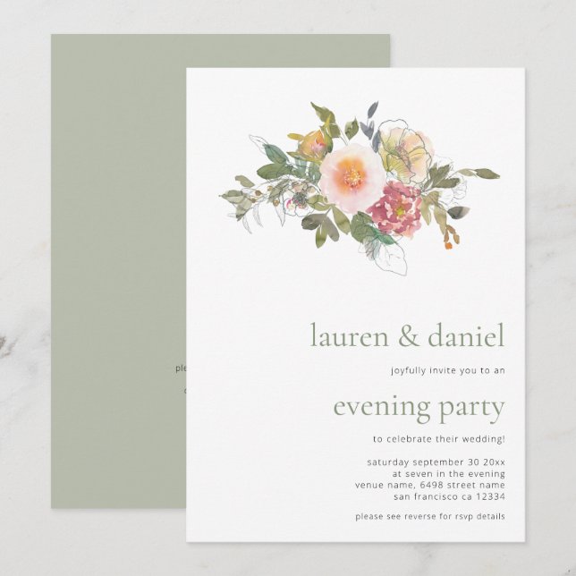 Sage Green Floral Bouquet QR Wedding Evening Party Invitation (Front/Back)
