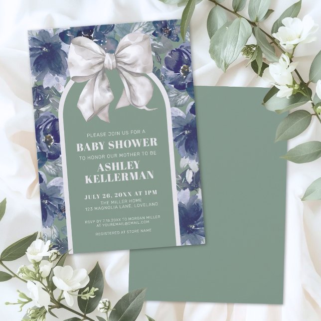 Sage Green Floral Bow Baby Shower Invitation (Sage Green Floral Bow Baby Shower Invitation)