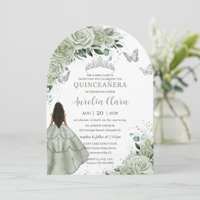 Sage Green Floral Brown Girl Quinceañera XV Arch Invitation (Standing Front)