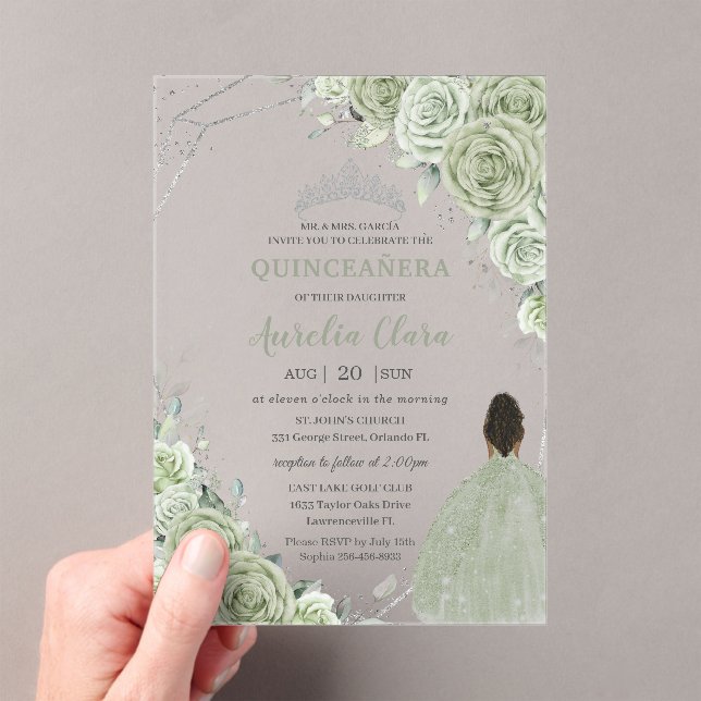 Sage Green Floral Brown Girl Silver 15 Quinceañera Acrylic Invitations (Insitu (Handheld))