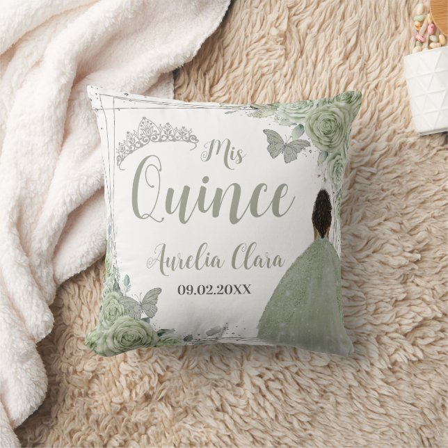 Sage Green Floral Brown Girl Silver 15 Quinceañera Cushion (Blanket)