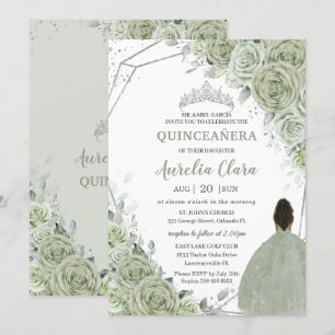 Sage Green Floral Brown Girl Silver 15 Quinceañera Invitation