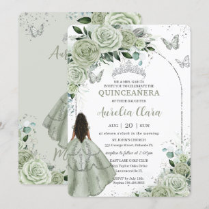 Sage Green Floral Brown Girl Silver Quinceañera Invitation