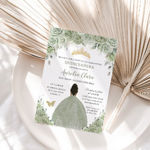 Sage Green Floral Brown Princess Gold Quinceañera Invitation