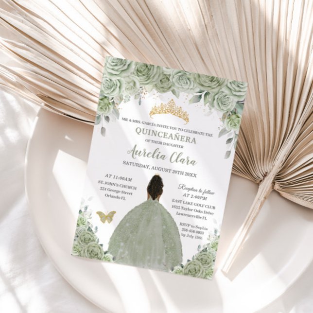 Sage Green Floral Brown Princess Gold Quinceañera Invitation (Creator Uploaded)