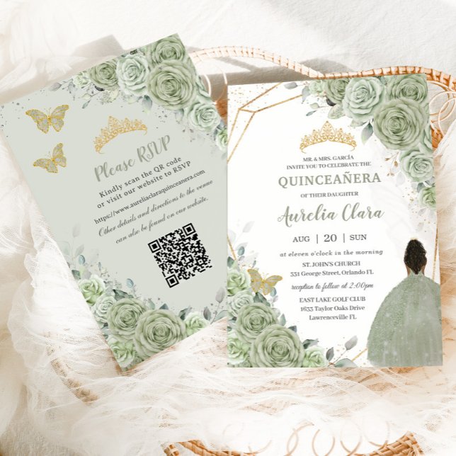 Sage Green Floral Brown Princess Quinceañera QR  Invitation (Creator Uploaded)