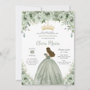 Sage Green Floral Brunette Princess Quinceañera  Invitation