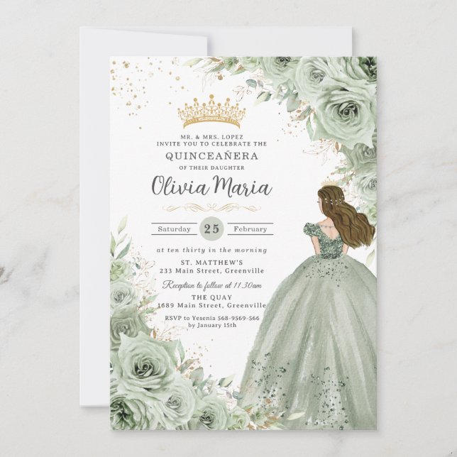 Sage Green Floral Brunette Princess Quinceañera  Invitation (Front)