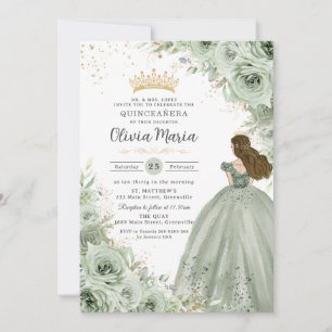 Sage Green Floral Brunette Princess Quinceañera  Invitation