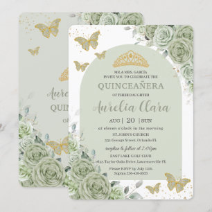 Sage Green Floral Butterflies Arch Quinceanera  Invitation
