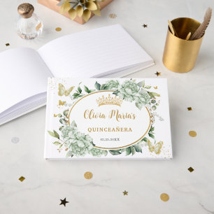 Sage Green Floral Butterflies Gold Quinceanera 15 Guest Book