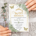 Sage Green Floral Butterflies Gold Sweet Sixteen Invitation<br><div class="desc">This chic Sweet 16 Birthday invitation features a gold glitter geometric frame adorned by delicate watercolor sage green floral, soft sage greenery and sage and gold butterflies. Personalise it with your details easily and quickly, simply press the customise it button to further re-arrange and format the style and placement of...</div>