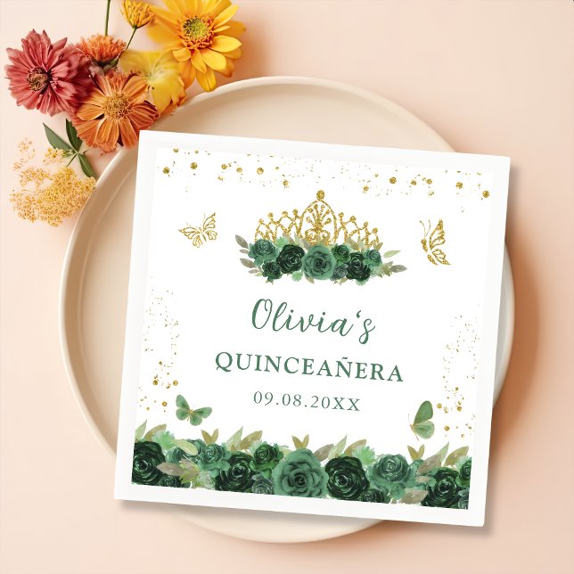 Sage Green Floral Butterflies Quinceañera Birthday Napkin (Creator Uploaded)