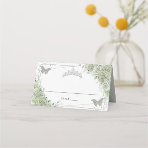 Sage Green Floral Butterflies Quinceañera Birthday Place Card