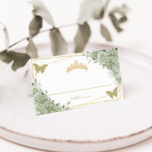 Sage Green Floral Butterflies Quinceañera Birthday Place Card