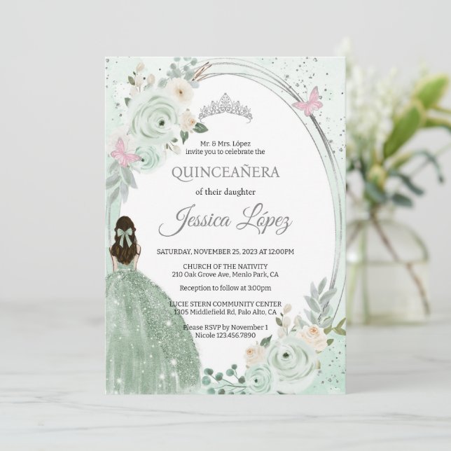 Sage Green Floral Butterflies Quinceañera Invitation (Standing Front)