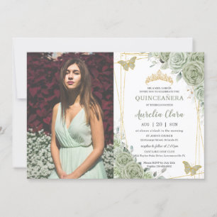 Sage Green Floral Butterflies Quinceañera Photo Invitation