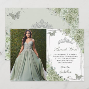 Sage Green Floral Butterflies Quinceañera Photo Thank You Card