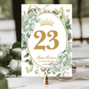 Sage Green Floral Butterflies Quinceanera Sweet 16 Table Number