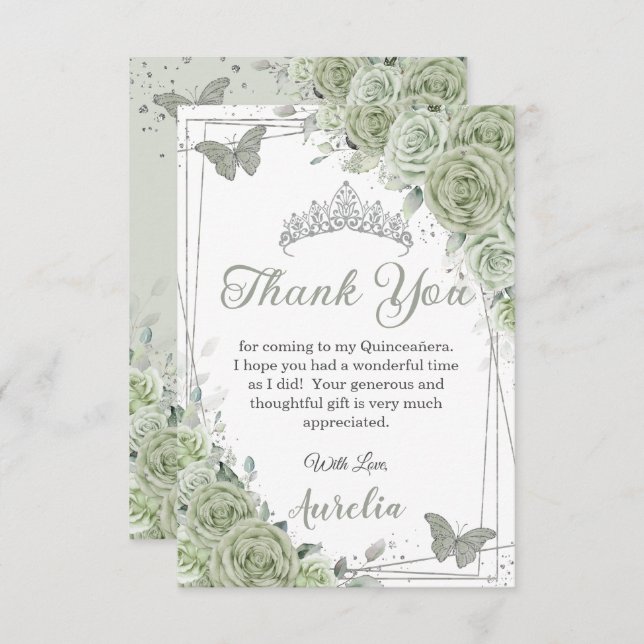 Sage Green Floral Butterflies Quinceañera Sweet 16 Thank You Card (Front/Back)