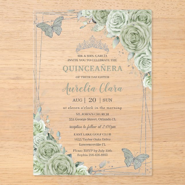 Sage Green Floral Butterflies Silver Quinceañera Acrylic Invitations (Front)