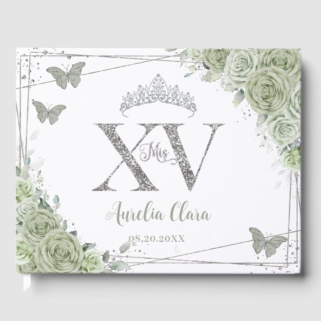 Sage Green Floral Butterflies Silver Quinceañera Guest Book (Front)