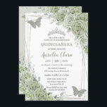 Sage Green Floral Butterflies Silver Quinceañera Invitation<br><div class="desc">This chic Quinceañera invitation features a silver glitter geometric frame adorned by delicate watercolor sage green floral, soft sage greenery and sage and silver butterflies. Personalise it with your details easily and quickly, simply press the customise it button to further re-arrange and format the style and placement of the text....</div>