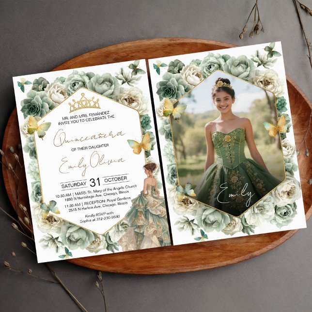 Sage Green Floral Butterfly Photo Quinceañera Invitation (Creator Uploaded)