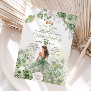 Sage Green Floral Butterfly Princess Mis Quince Invitation