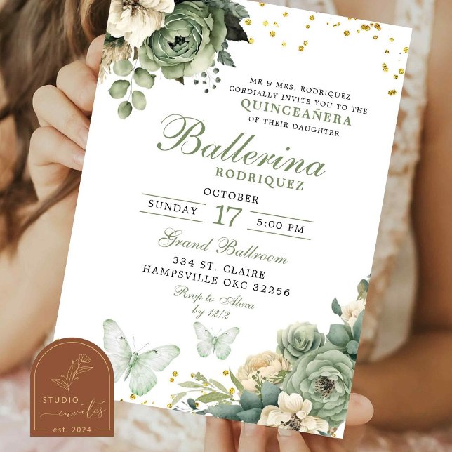 Sage Green Floral Butterfly Quinceanera Invitation (Creator Uploaded)