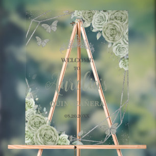 Sage Green Floral Butterfly Quinceañera XV Welcome Acrylic Sign
