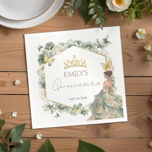 Sage Green Floral Butterfly Tiara Quinceañera Napkin