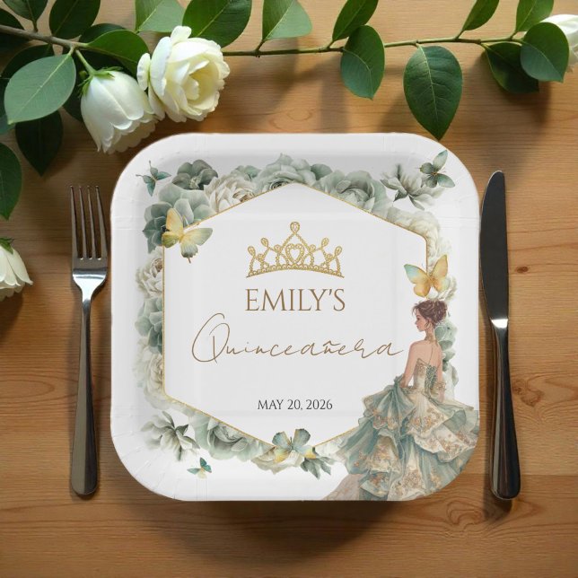 Sage Green Floral Butterfly Tiara Quinceañera Paper Plate (Creator Uploaded)