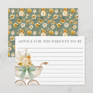 Sage Green Floral Carriage Baby Shower Advice Card