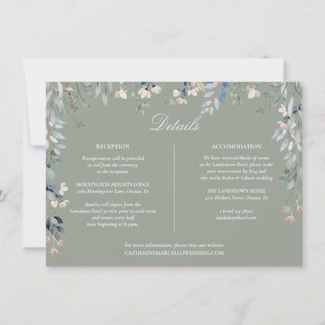 Sage Green Floral Cascade Wedding Details Card (Front)