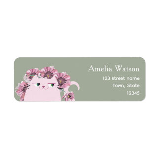Sage Green Floral Cat Return Address Label