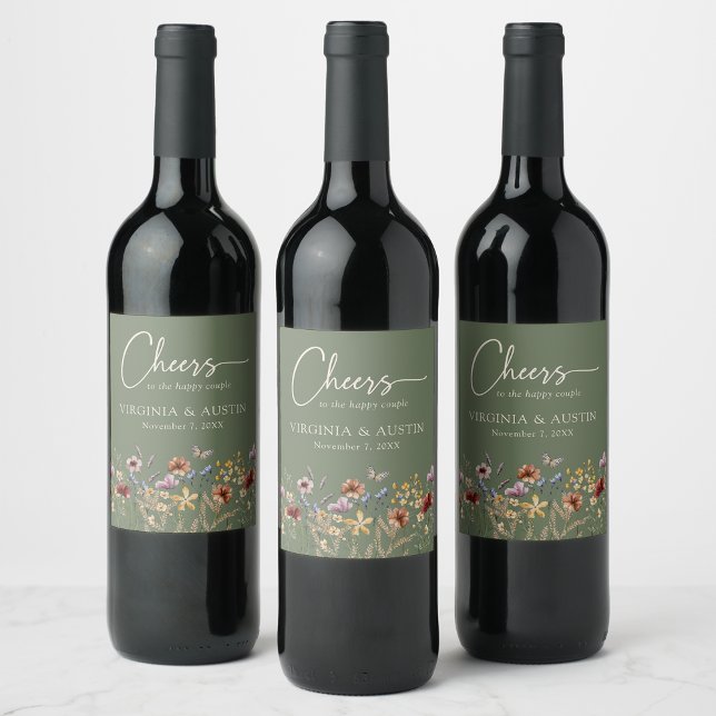 Sage Green Floral Cheers Wedding Wine Label (Sage Green Floral Cheers Wedding Wine Label with Butterfly by Painted Paperie
)