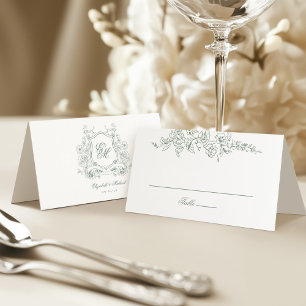 Sage Green Floral Crest Monogram Elegant Wedding Place Card