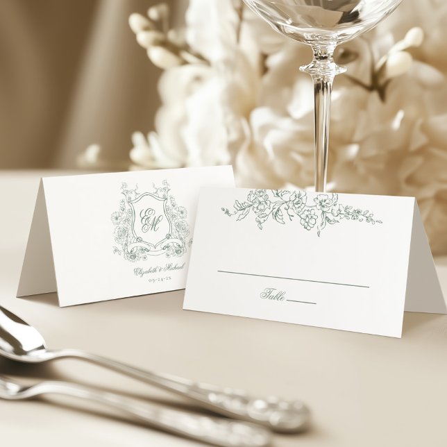 Sage Green Floral Crest Monogram Elegant Wedding Place Card (Creator Uploaded)