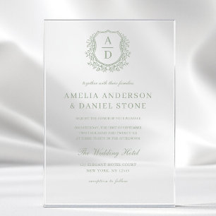 Sage Green Floral Crest Monogram Wedding Acrylic Invitations